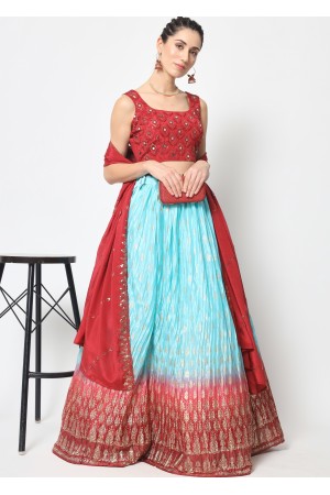 Red & Blue   Chinon Silk Designer Lehenga 
